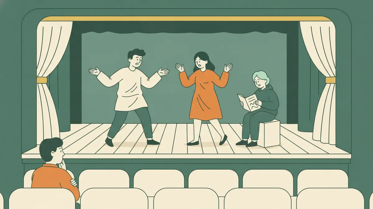 Sur une petite scène de théâtre, deux étudiants jouent une scène avec de grands gestes pendant qu'un troisième lit le texte.