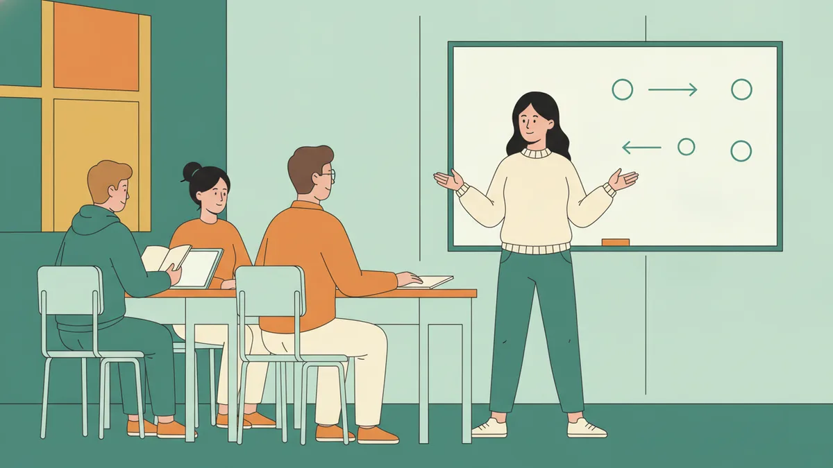 Une étudiante debout devant sa classe explique son raisonnement avec les mains pendant que ses camarades prennent des notes.