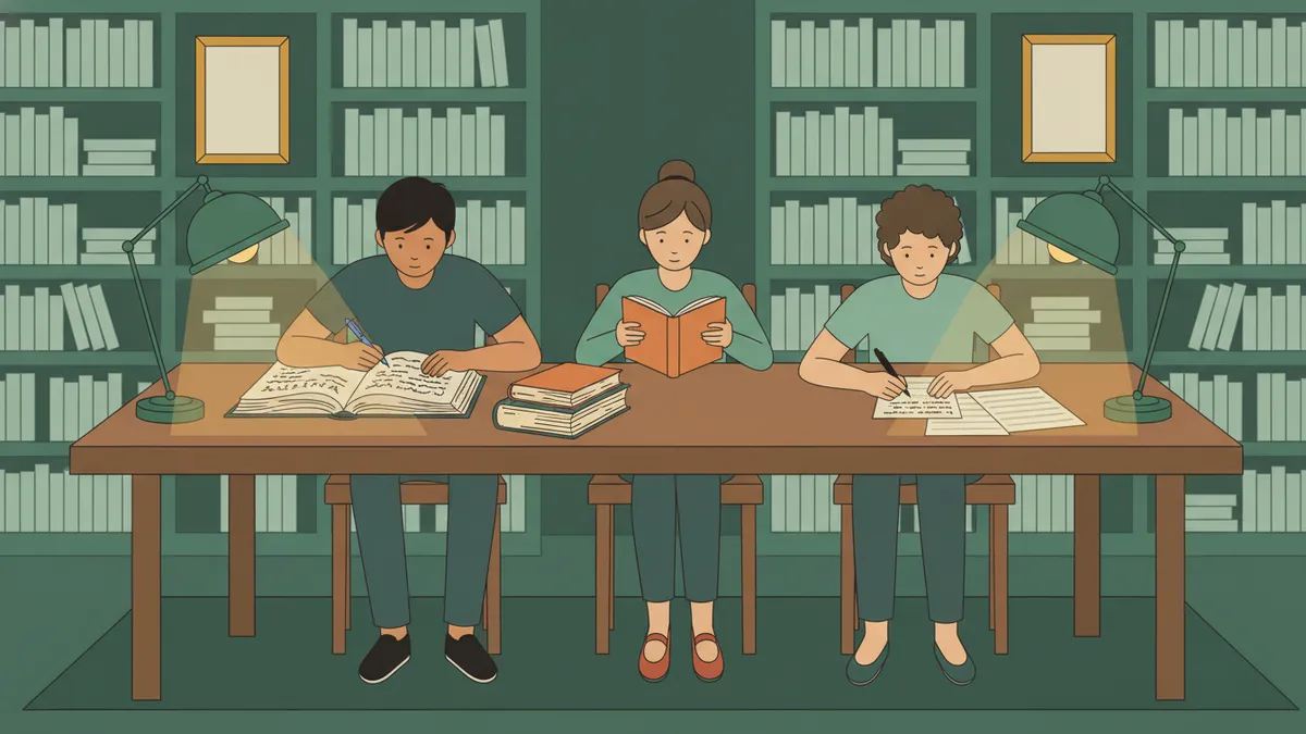 Trois étudiants travaillent le soir autour d'une table de bibliothèque, entre dictionnaire de latin, roman et dissertation.