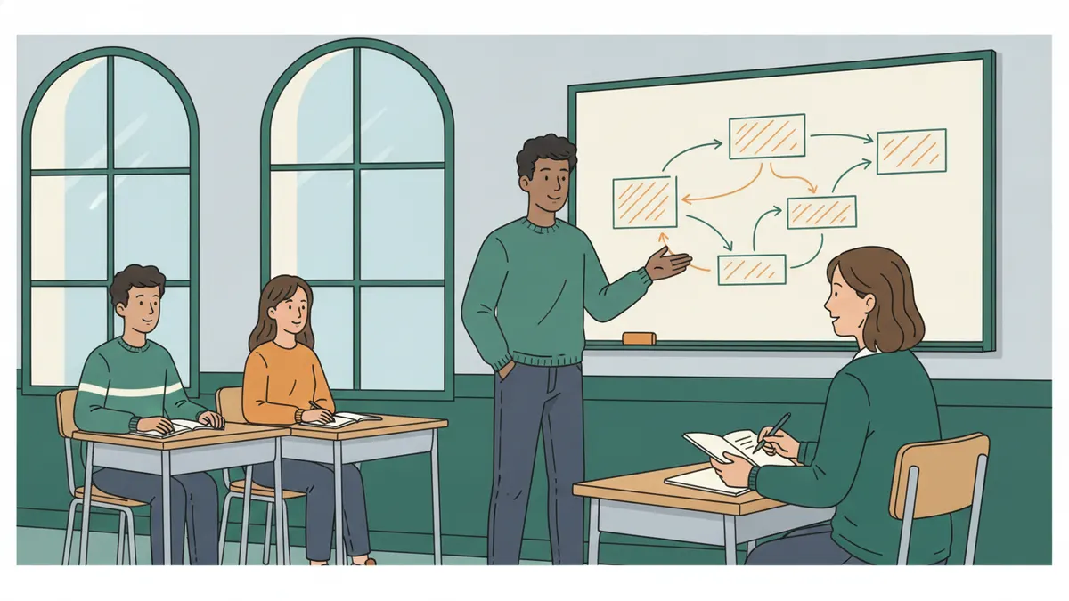 Un étudiant debout explique son raisonnement devant un tableau couvert de cases et de flèches, face à une enseignante qui prend des notes.