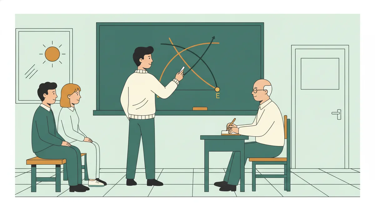 Un étudiant explique au tableau un graphique de microéconomie avec deux courbes qui se croisent, un examinateur l'écoute.