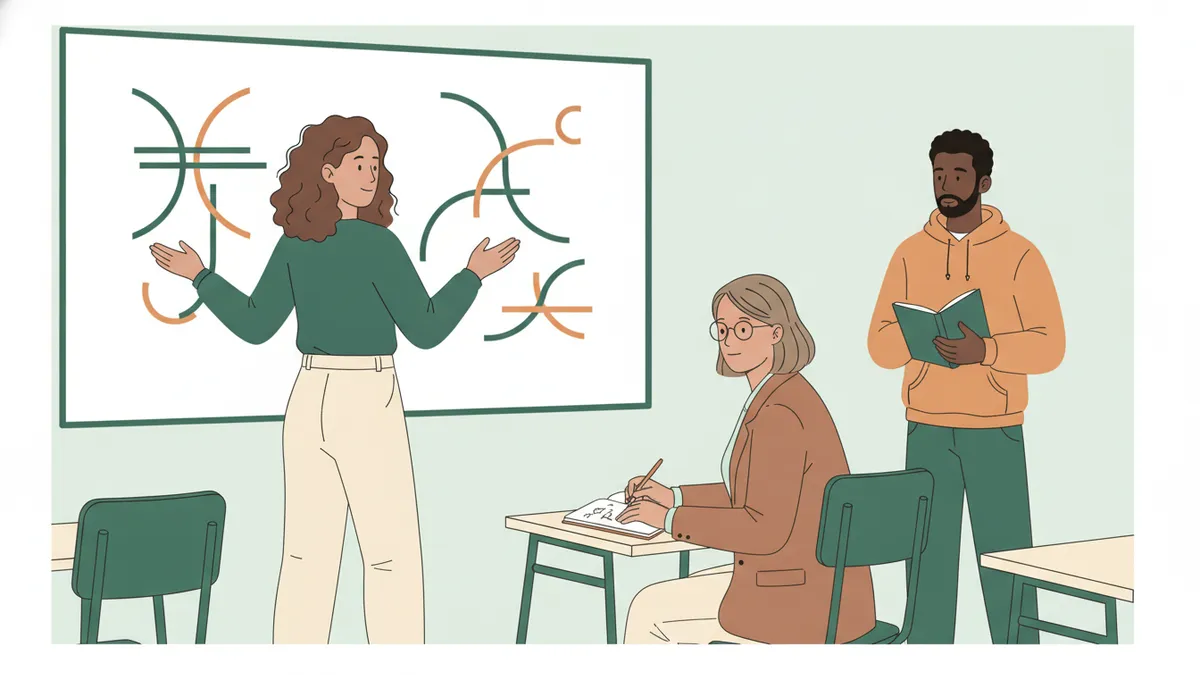Une étudiante au tableau explique un graphique d'économie à son enseignante, pendant qu'un camarade attend son tour.