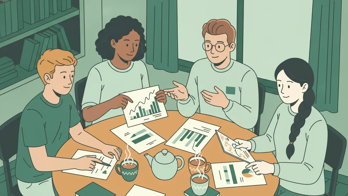 Quatre étudiants préparent ensemble une colle autour d'une table, en montrant des graphiques et des fiches.