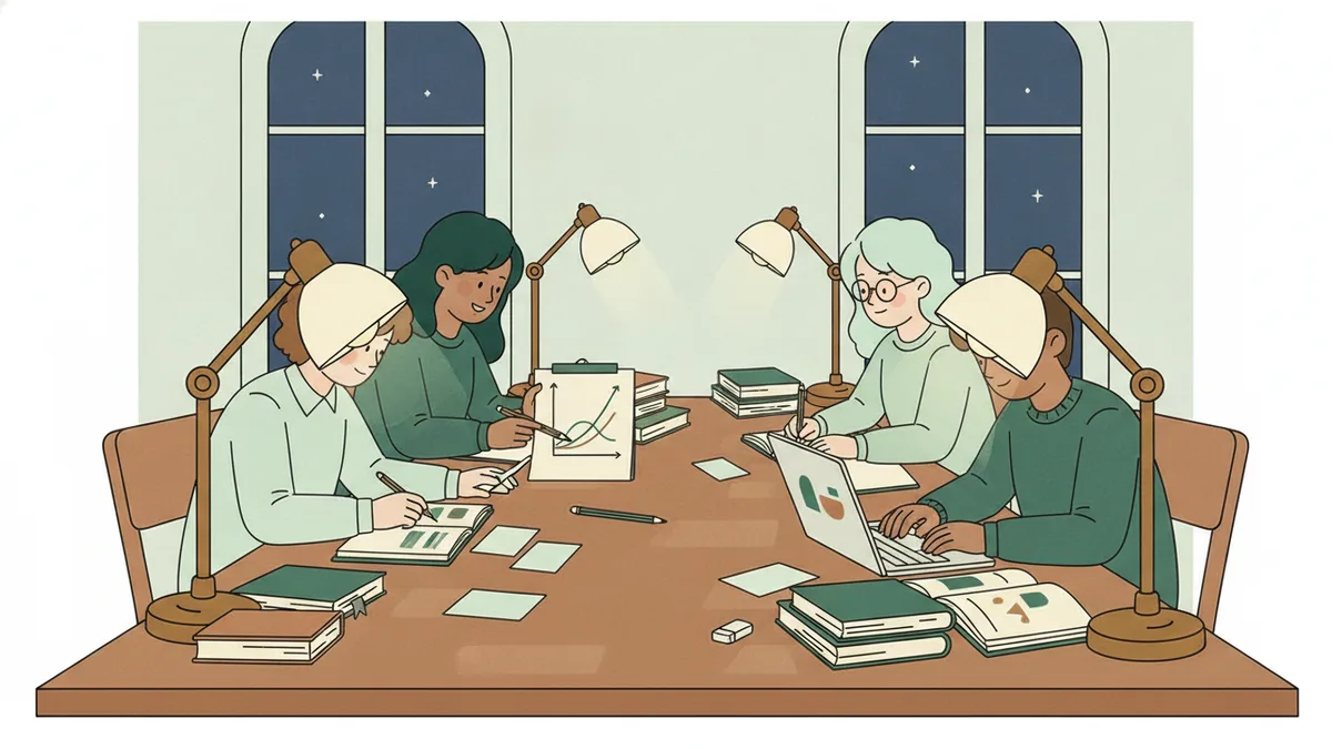 Le soir en salle d'étude, trois étudiants travaillent un graphique d'offre et de demande et annotent leurs fiches.