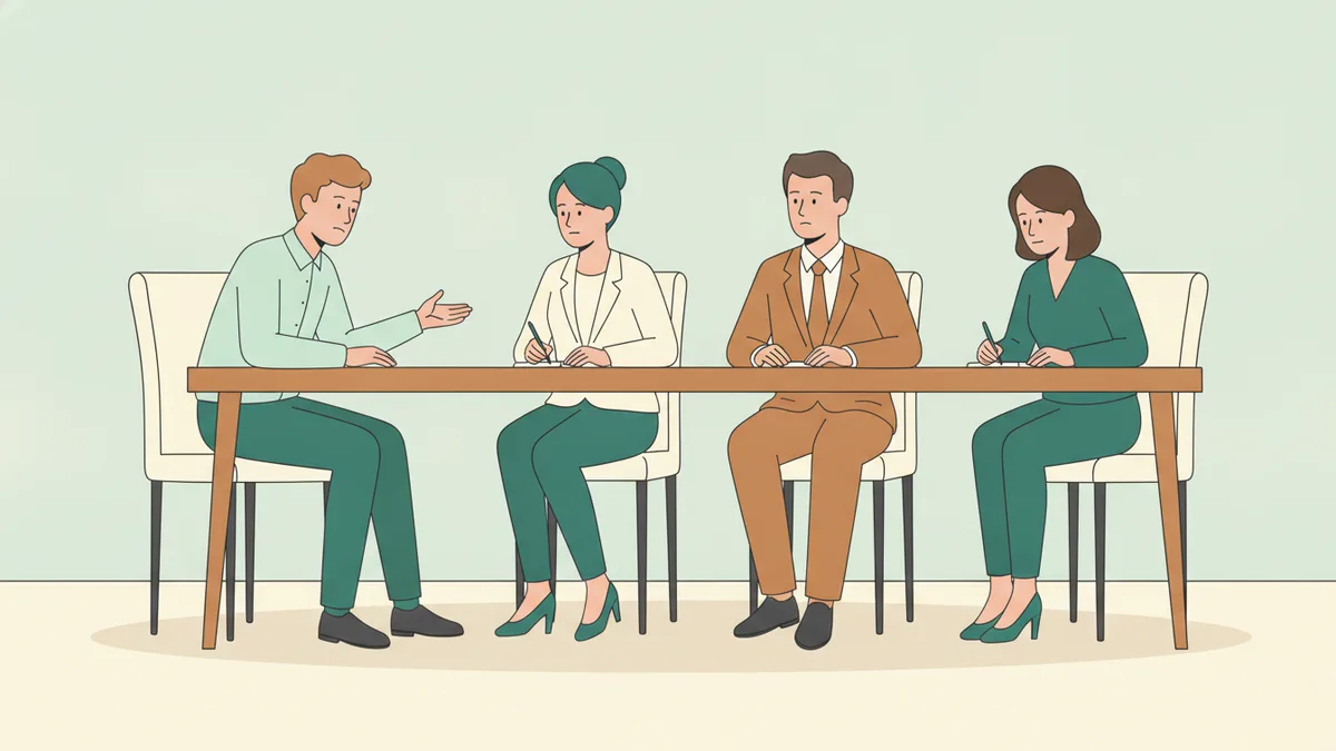 Un étudiant répond aux questions d'un jury de trois personnes lors d'un oral.