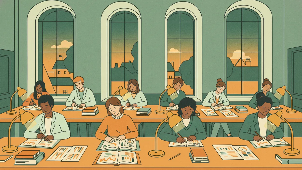 Le soir dans une grande salle d'étude, des étudiants de prépa travaillent par groupes avec atlas, livres et graphiques sous des lampes.