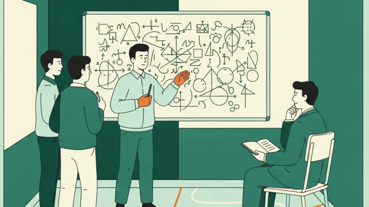 Trois étudiants en colle de maths devant un tableau couvert de courbes, l'un explique pendant que l'examinateur prend des notes.