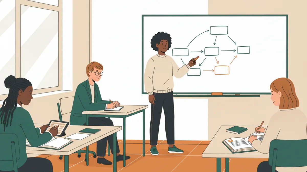 Un étudiant debout au tableau explique un schéma à sa professeure pendant que deux camarades préparent leurs notes.