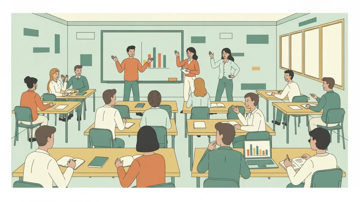 Des étudiants d'ECT travaillent en petits groupes sur une étude de cas, avec documents et graphique, pendant qu'une étudiante présente son analyse.