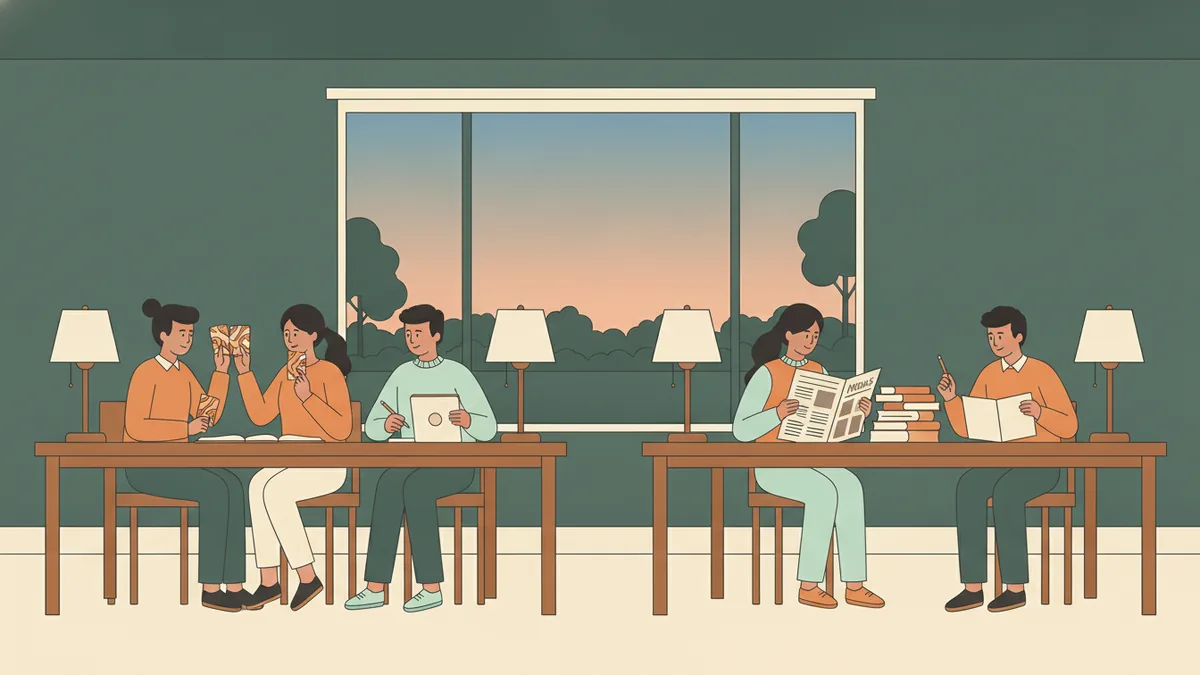 Le soir dans une salle de travail, des étudiants révisent ensemble autour de grandes tables, avec fiches, journal et lampes.