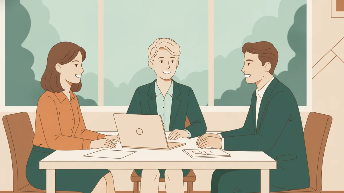 Un étudiant en costume échange avec deux professionnels autour d'une table, ordinateur ouvert, dans une ambiance détendue.