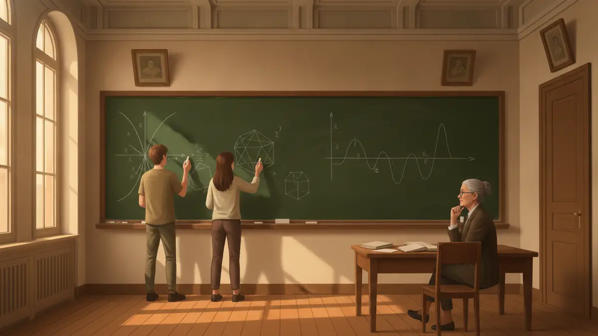 Trois élèves travaillent chacun au grand tableau noir d'une salle de classe pendant qu'une examinatrice prend des notes.
