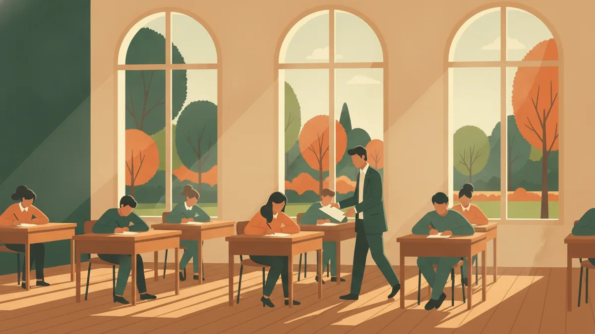 Un devoir surveillé de prépa : des étudiants concentrés sur leurs copies dans une salle claire, un professeur qui distribue les sujets.
