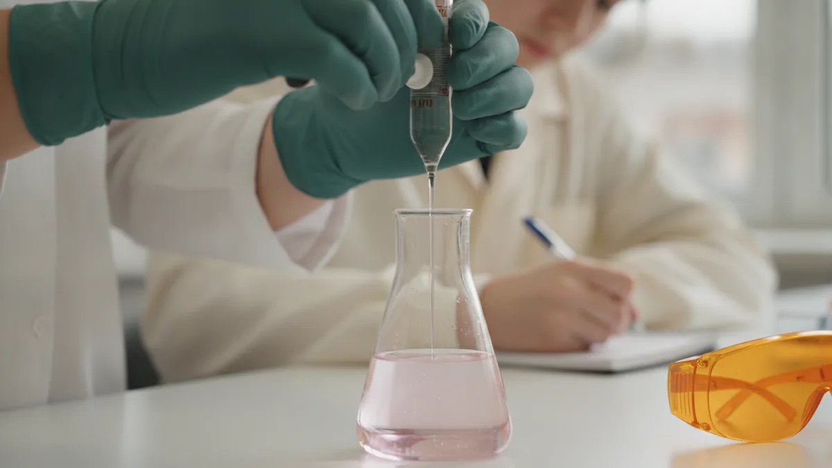 Gros plan sur des mains gantées qui dosent à la burette un liquide qui vire au rose dans un erlenmeyer