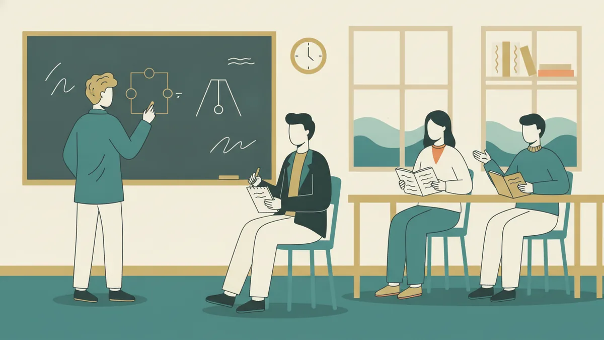Un étudiant présente un schéma de circuit au tableau pendant une colle de physique, devant deux camarades et un professeur.