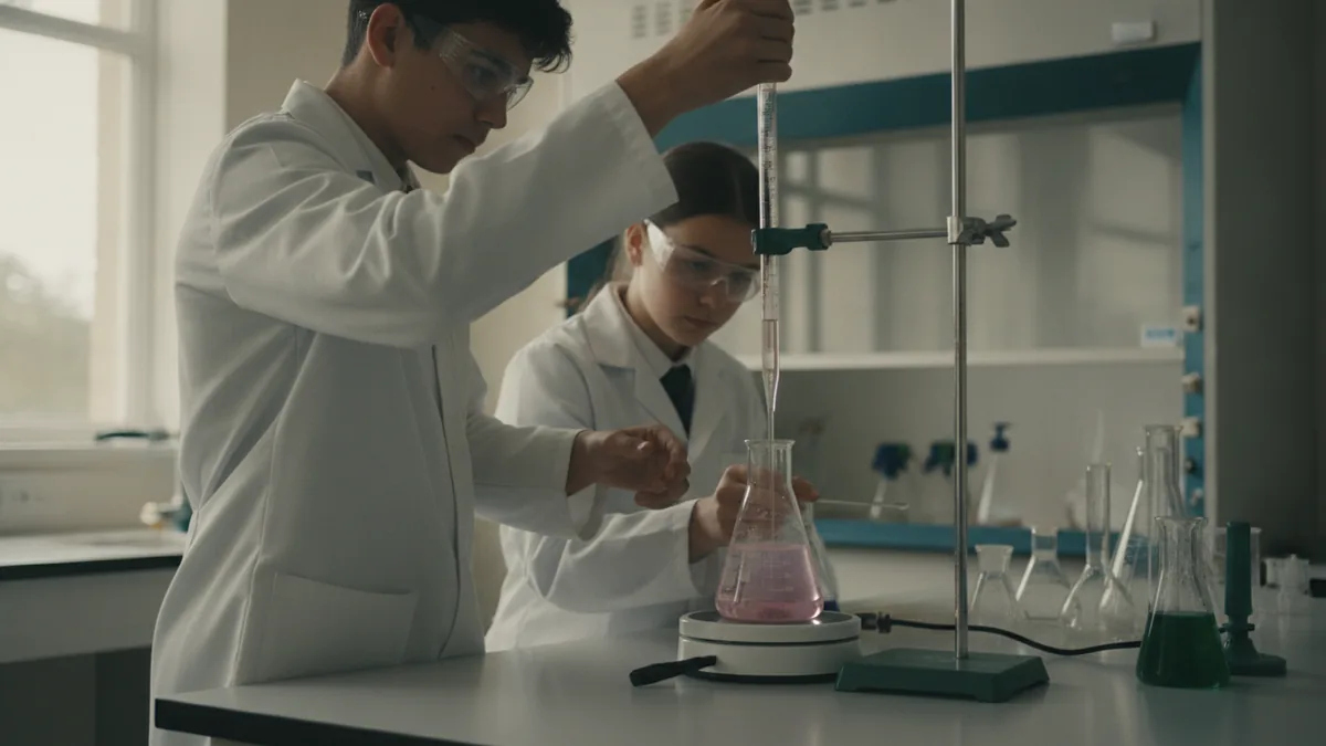 Deux étudiants en blouse et lunettes réalisent un titrage à la burette au-dessus d'un erlenmeyer sur un agitateur.