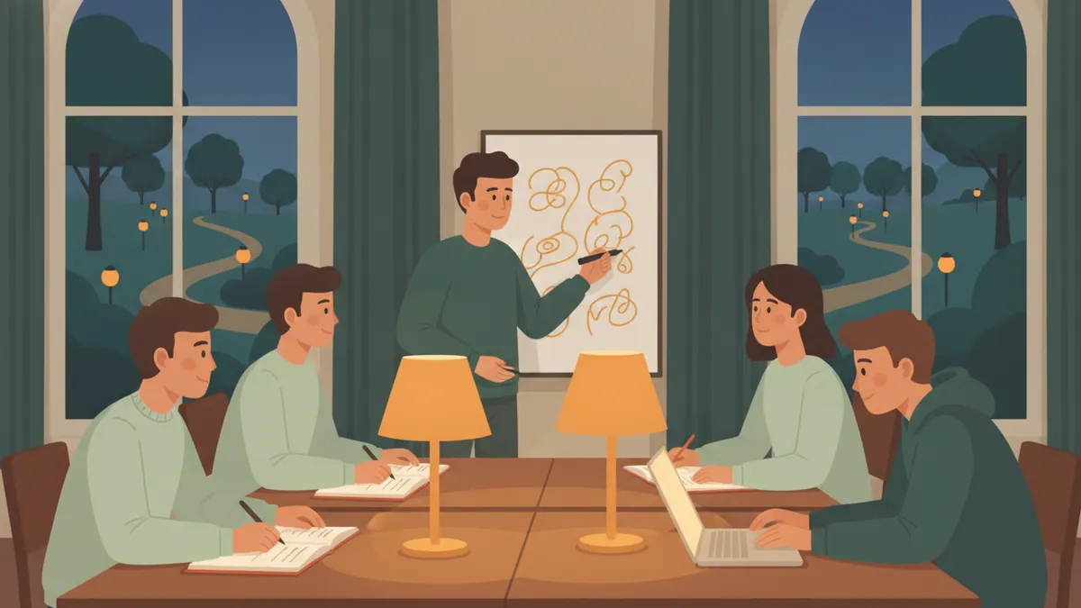 Le soir en prépa : cinq étudiants travaillent ensemble autour de tables éclairées, l'un explique au petit tableau blanc pendant que les autres écoutent.