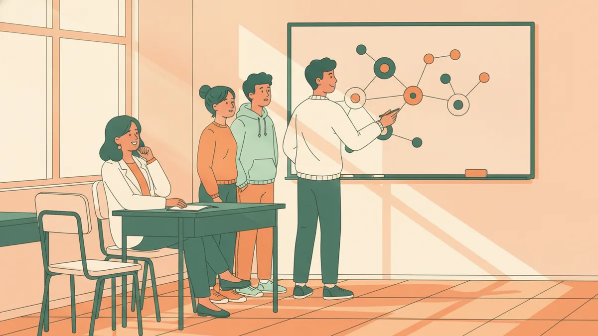 Dans une petite salle lumineuse, un étudiant dessine un schéma de molécule au tableau pendant que deux camarades et l'examinatrice l'écoutent.