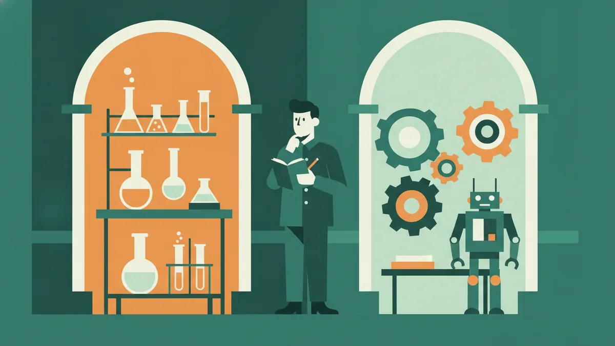 Un étudiant hésite entre deux portes : un laboratoire de chimie avec des flacons et un atelier d'ingénierie avec des engrenages et un robot.