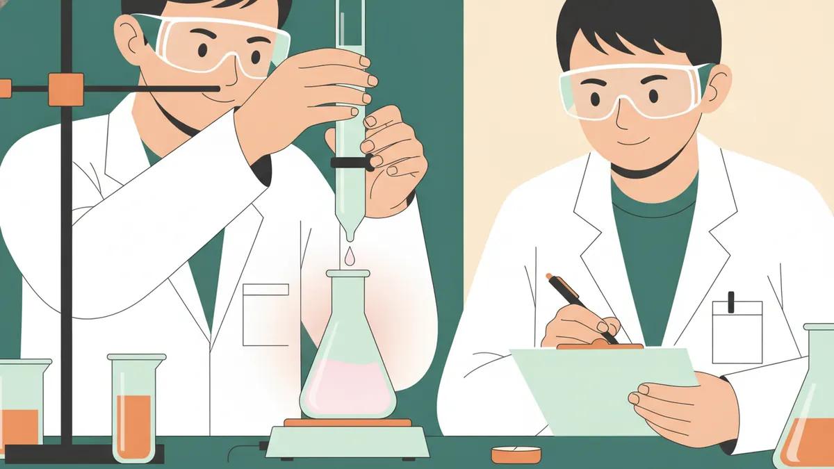 Illustration : deux étudiants en blouse réalisent un dosage à la burette au-dessus d'un erlenmeyer, l'un verse pendant que l'autre note les résultats.