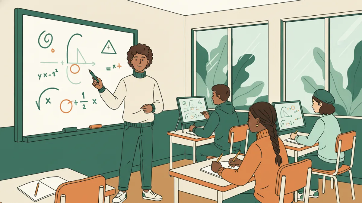 Un étudiant expliquant des courbes et formules au tableau blanc devant trois camarades qui travaillent sur exercices papier et écran.