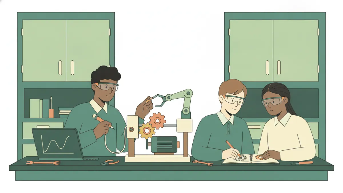 Trois étudiants en lunettes de protection autour d'un banc d'essai avec moteur et bras robotisé, l'un mesurant avec une sonde reliée à un ordinateur qui affiche une courbe.