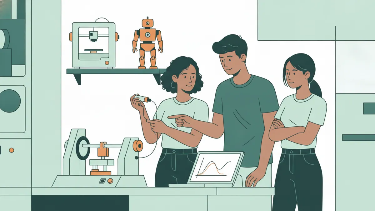 Trois étudiants penchés sur une machine didactique sur un banc de laboratoire, un écran affichant une courbe et une imprimante 3D à côté.