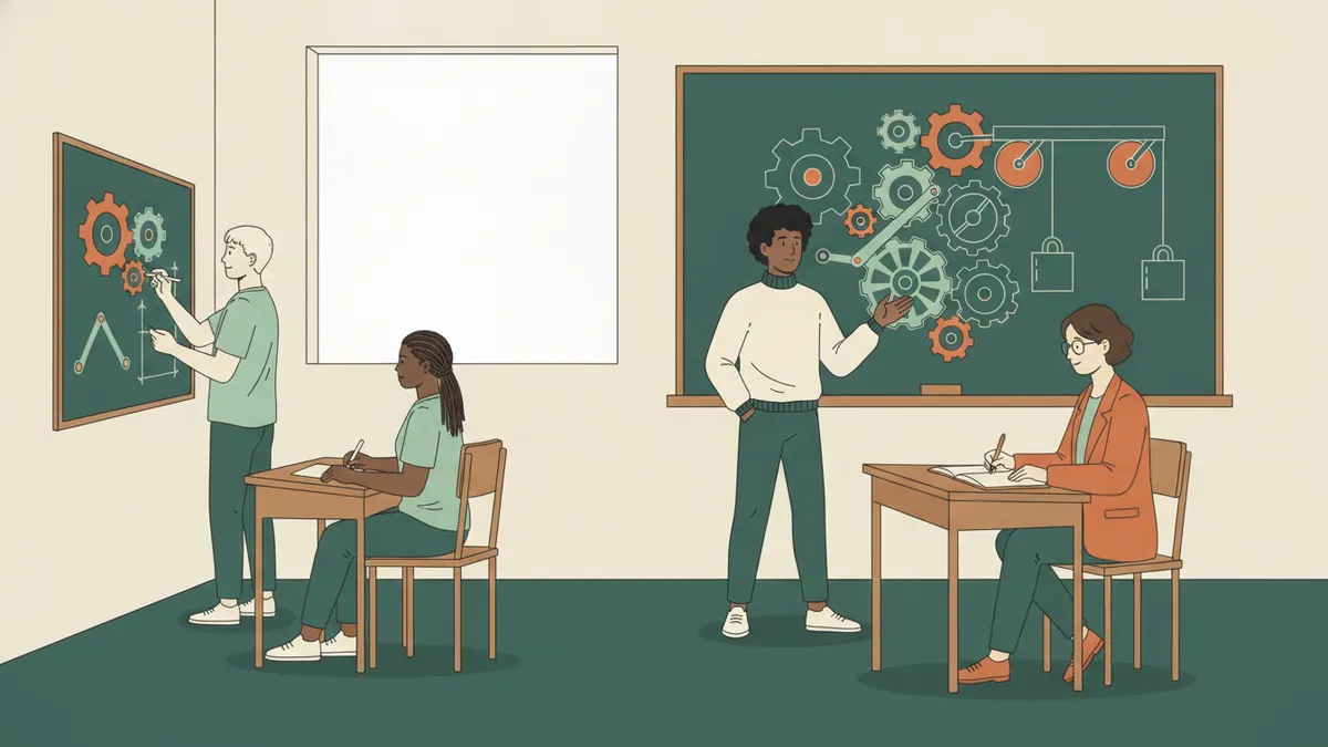 Un étudiant debout au tableau expliquant un schéma d'engrenages à une enseignante assise qui prend des notes, deux élèves à des tableaux latéraux.