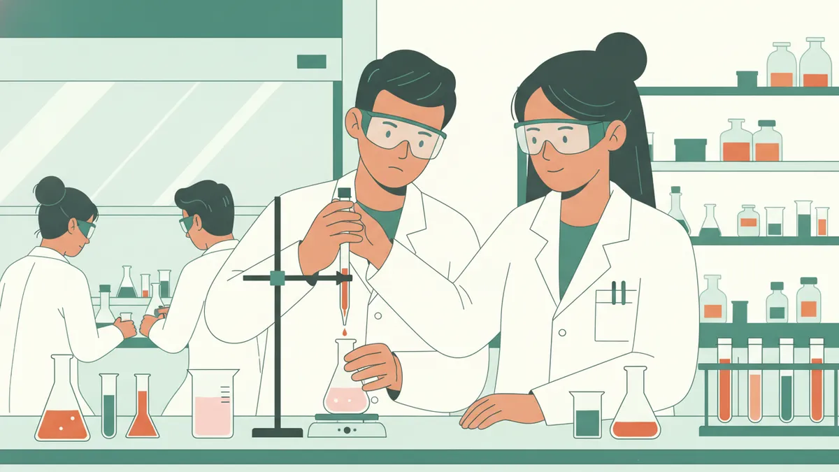Deux étudiants en blouse réalisent un dosage à la burette au-dessus d'un erlenmeyer qui vire au rose, dans un laboratoire de chimie.