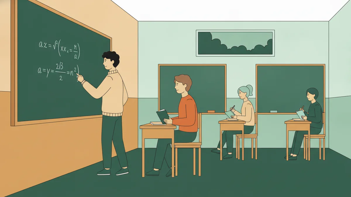 Un étudiant écrit un calcul au tableau pendant que son enseignant l'écoute et que deux camarades attendent leur tour.