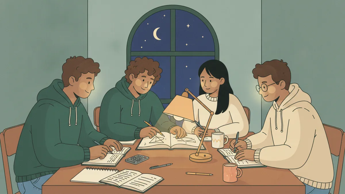 Le soir dans une salle d'étude d'internat, quatre étudiants travaillent autour d'une grande table éclairée pendant que la nuit tombe.