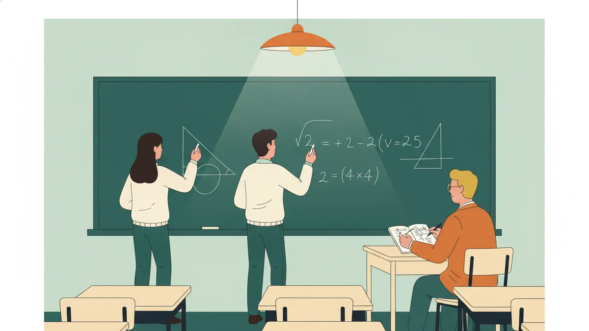 Trois étudiants résolvent un exercice de maths au tableau pendant que leur professeur les écoute en prenant des notes.