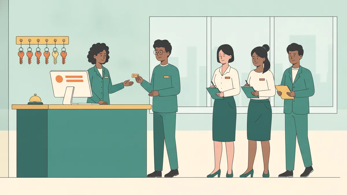 Dans une salle aménagée en réception d'hôtel, deux élèves jouent une arrivée client au comptoir pendant que l'enseignant et la classe observent.