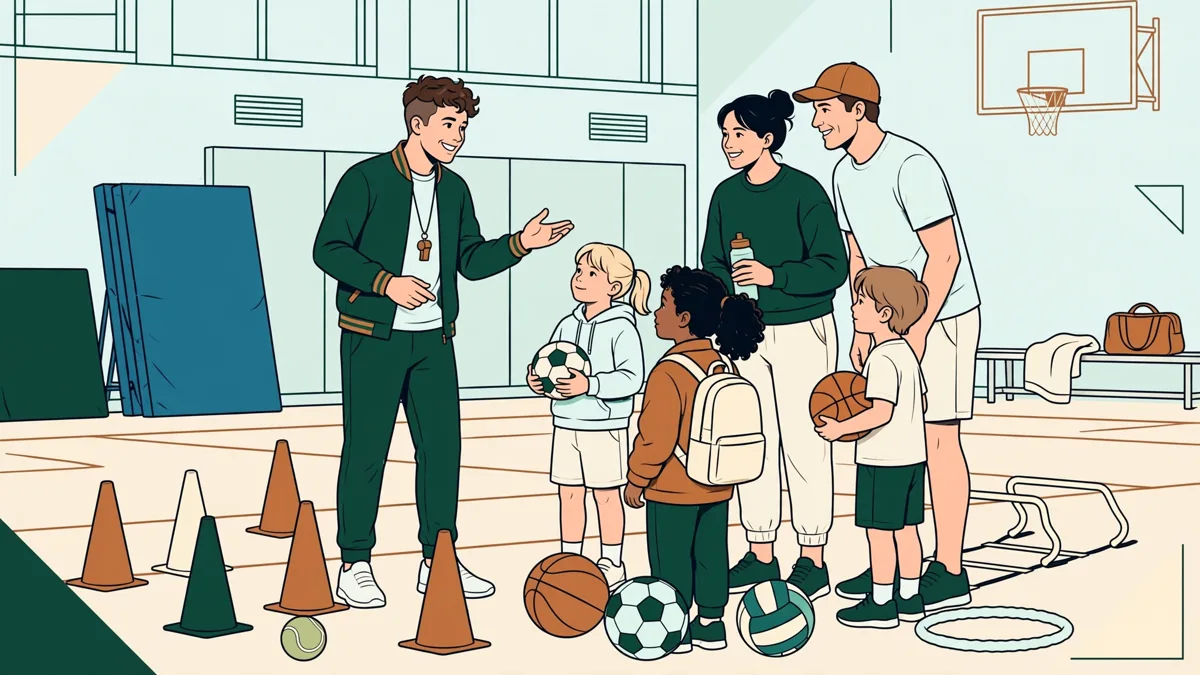 Un jeune éducateur sportif fait démontrer un exercice avec ballon à un groupe mixte d'enfants et d'adultes dans un gymnase lumineux