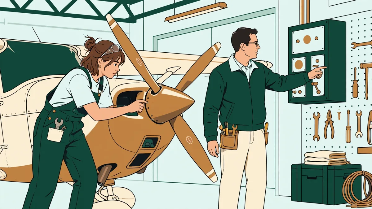 Une apprentie qui contrôle l'état d'une hélice d'avion léger dans un hangar pendant que le formateur lui montre un point à vérifier