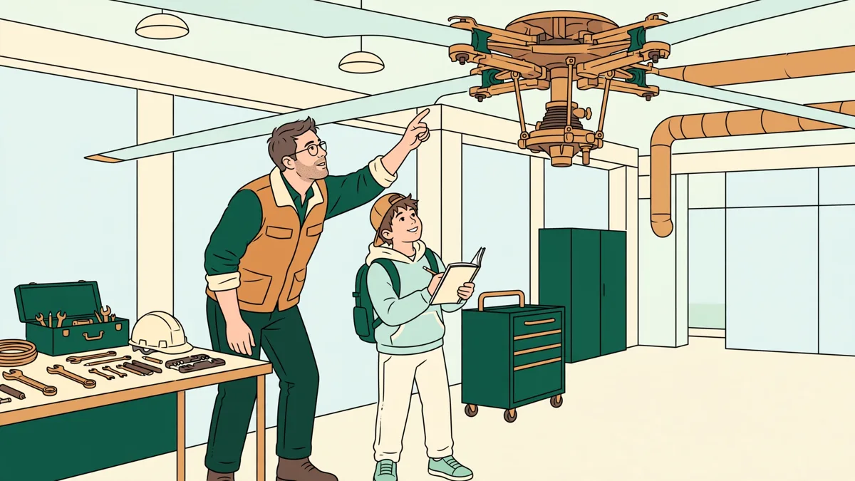 Un tuteur et une élève vérifient ensemble le rotor d'un hélicoptère dans un hangar, carnet de suivi à la main