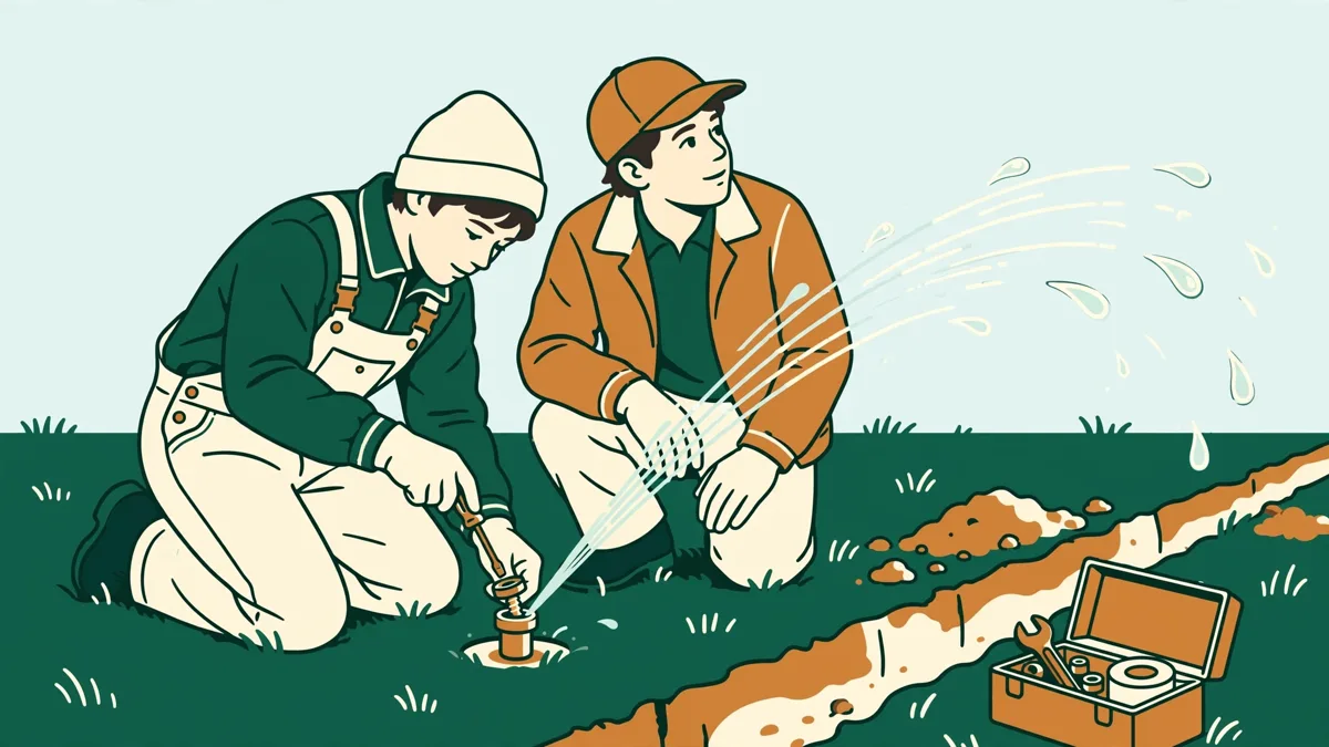 Deux apprentis accroupis sur une pelouse règlent une turbine d'arrosage, outils et buse à la main.