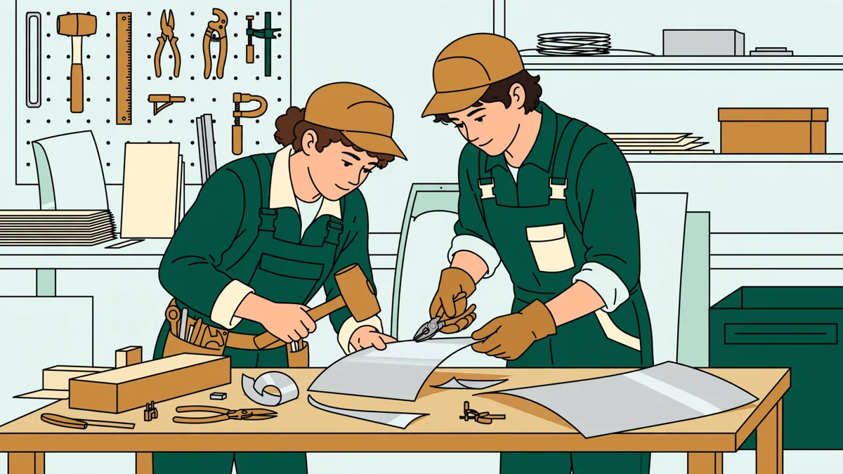 Deux élèves en tenue d'atelier forment une fine tôle d'aluminium sur un établi, l'un tient la pièce pendant que l'autre ajuste au maillet.