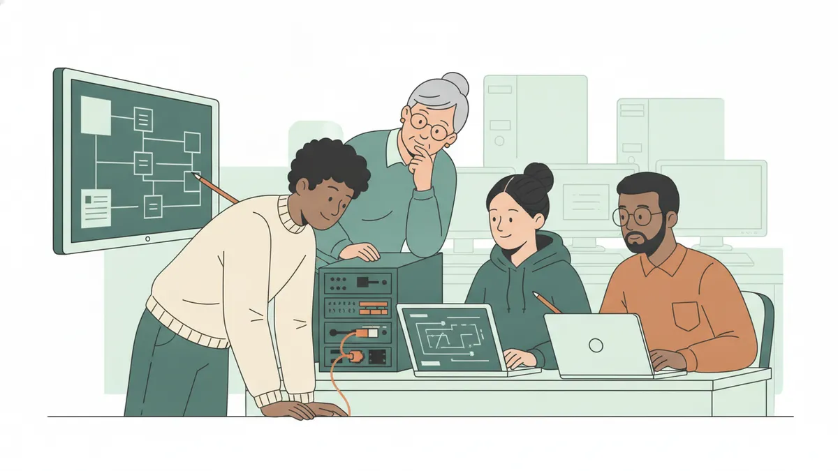 En salle informatique, un étudiant branche un câble sur un commutateur pendant qu'une étudiante inspecte un terminal et qu'un troisième montre un schéma de réseau à l'écran.