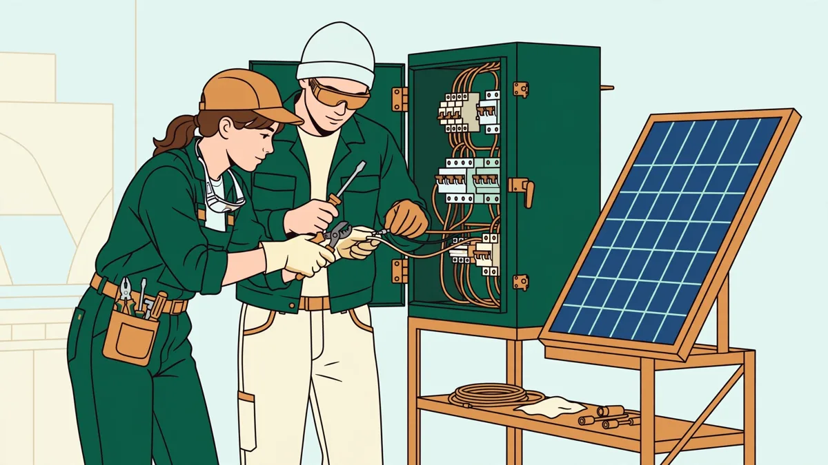 Deux élèves en tenue de chantier raccordent un coffret électrique près d'un panneau solaire d'atelier, l'un avec un tournevis et l'autre avec un plan