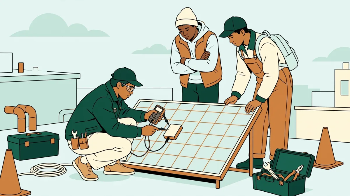 Trois élèves sur un toit d'atelier autour d'un panneau solaire, l'un mesure la tension au multimètre pendant que les autres observent et notent