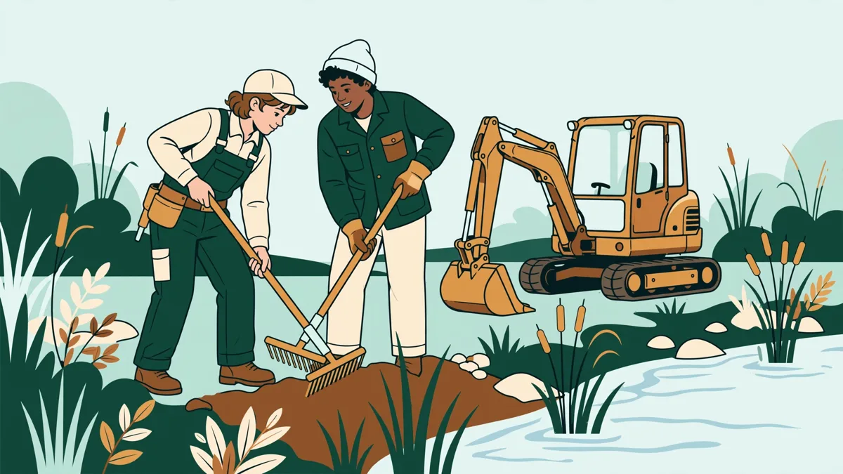 Deux apprentis en tenue de chantier remettent en état une berge de cours d'eau, avec un petit engin à côté et des roseaux.