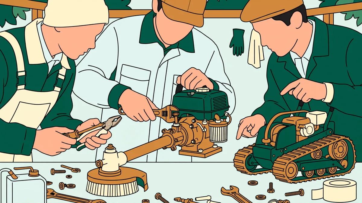 Trois apprentis autour d'un broyeur en atelier extérieur, l'un règle la machine pendant que les autres observent et prennent des notes.