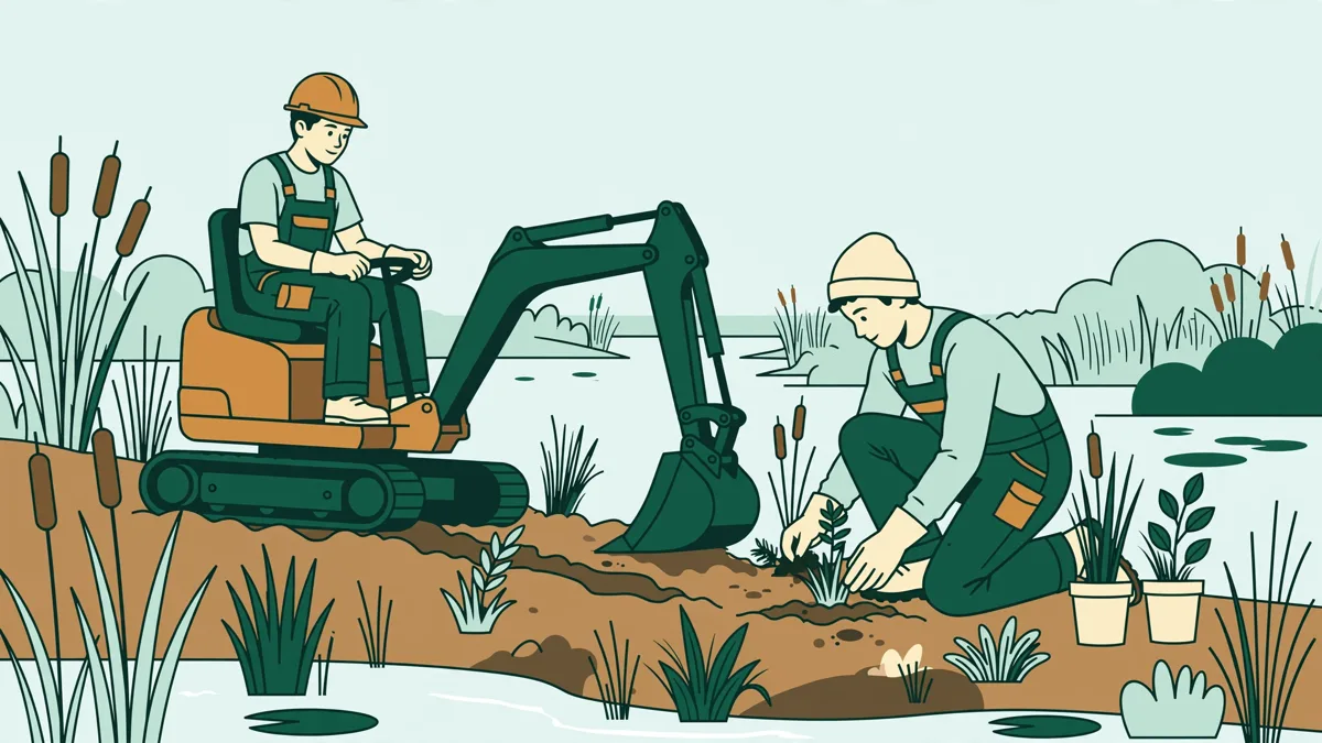 Deux apprentis au bord d'une rivière : l'un conduit une petite pelle pour reprofiler la berge, l'autre plante des végétaux, avec un formateur.