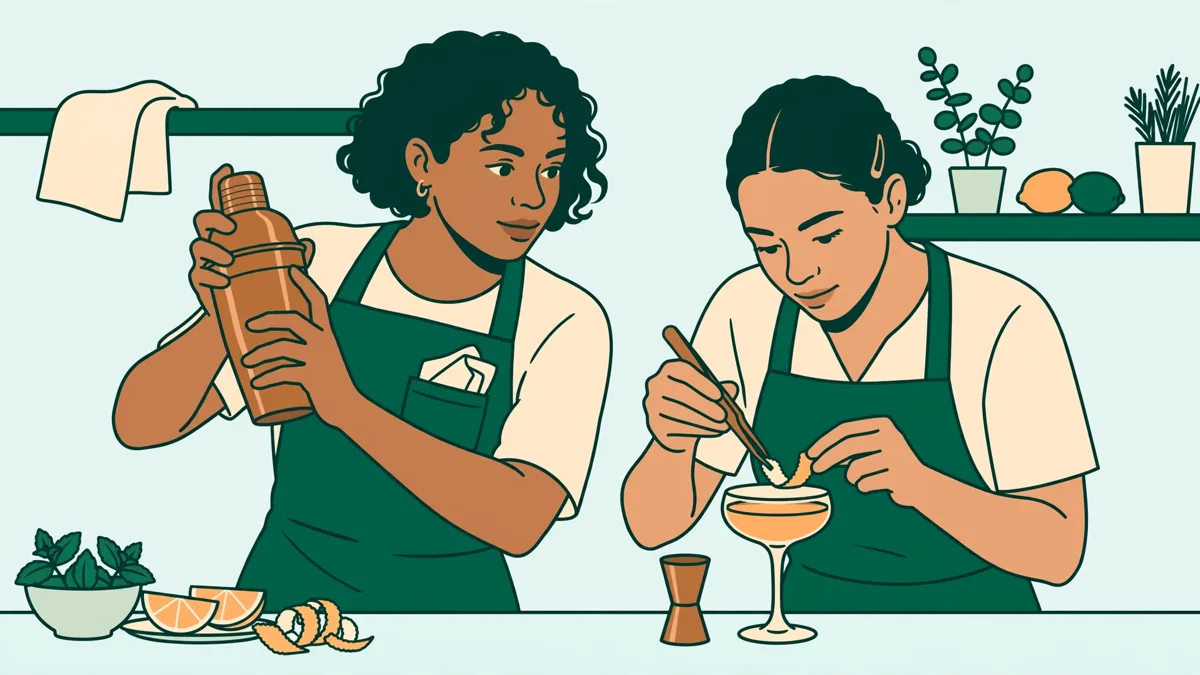 Un apprenti en tablier secoue un shaker derrière un comptoir pendant qu'une apprentie décore un verre