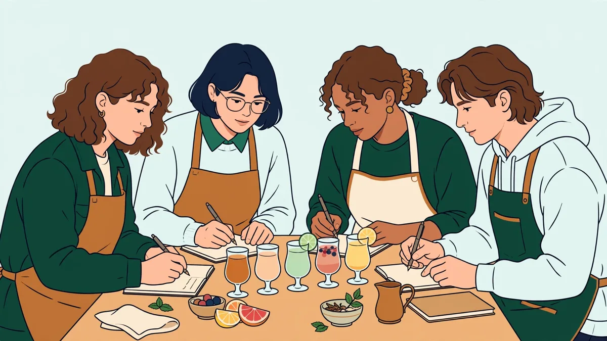 Quatre apprentis autour d'une table goûtent des boissons colorées et prennent des notes sur les arômes