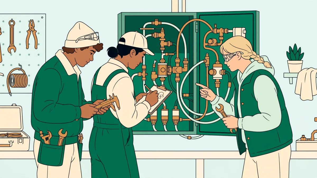 Trois apprentis autour d'une armoire pneumatique ouverte testent un circuit et prennent des notes.