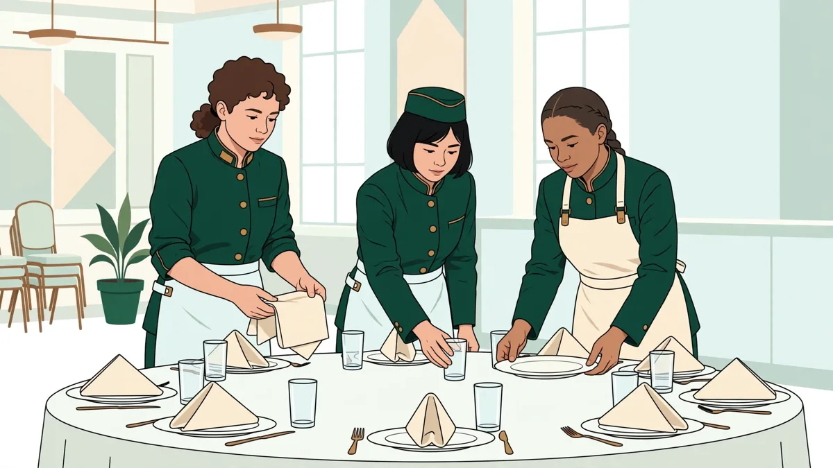 Des élèves en tenue professionnelle dressent une grande table de banquet, alignent verres et assiettes et plient des serviettes dans une salle de réception lumineuse.