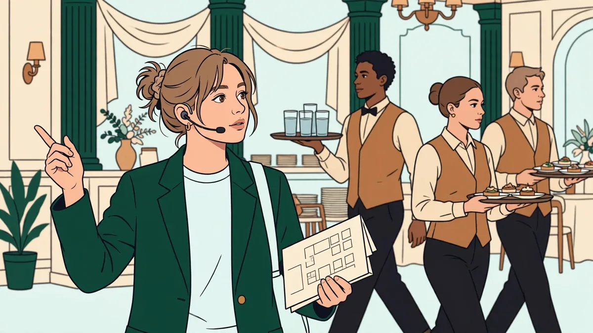Une élève avec une oreillette coordonne une équipe de serveurs en pleine salle de réception animée, un plan de salle à la main.