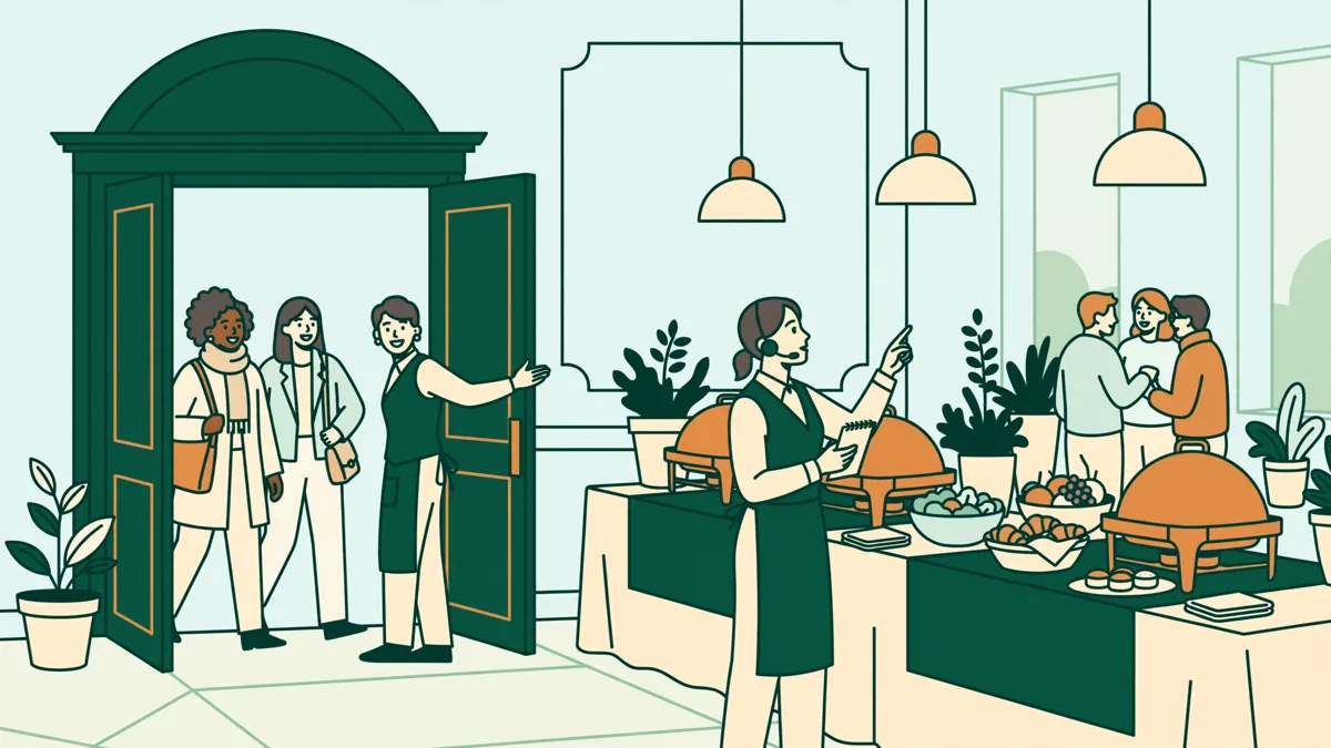 Une élève au casque coordonne un buffet pendant qu'un autre élève accueille des invités.
